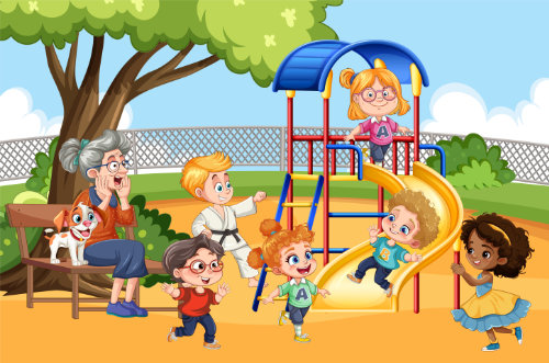 Auf dem Spielplatz sind alte und junge Menschen